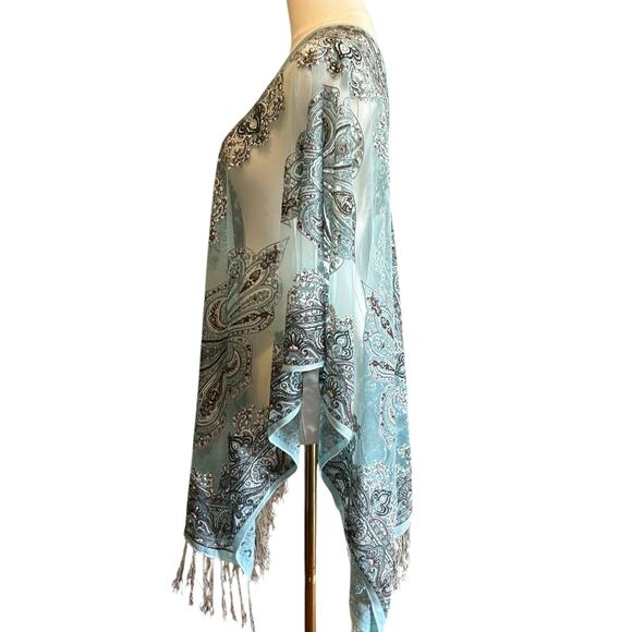 Teal Burn Out Poncho Shawl Paisley Women's One Size Sheer Fringe BOHO Artsy - Picture 5 of 8